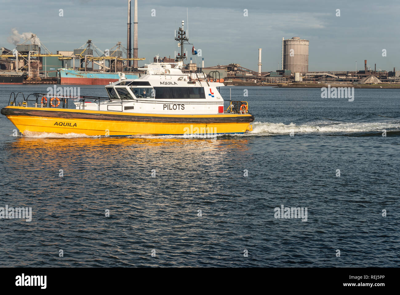 Pilote néerlandais de l'entreprise pilotage voiles sur le Canal de la mer du Nord à IJmuiden Banque D'Images