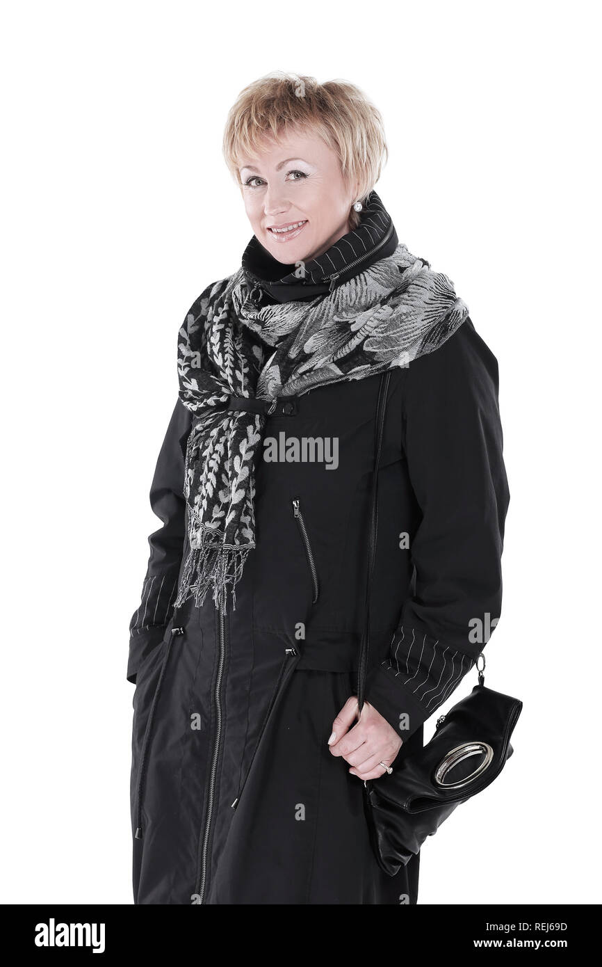 Mode femme dans un manteau noir et écharpe.isolé sur blanc Photo Stock -  Alamy