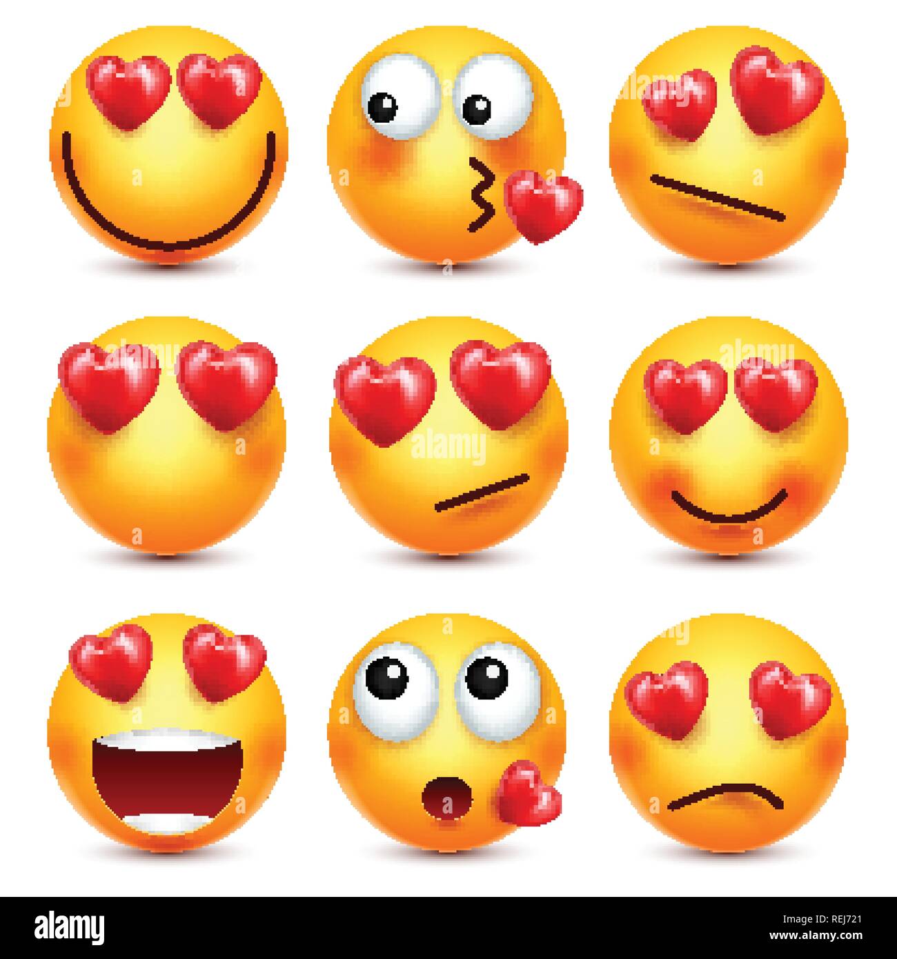 Emoji Smiley avec Red Heart Vector Set. Valentines Day Cartoon émoticônes jaune Face. L'amour Sentiment d'expression. Illustration de Vecteur