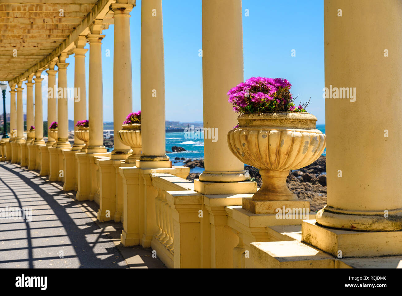 Porto, Portugal. Belle vue sur la mer dans la ville de Porto à partir de la colonnade avec fleurs, côte Atlantique Banque D'Images