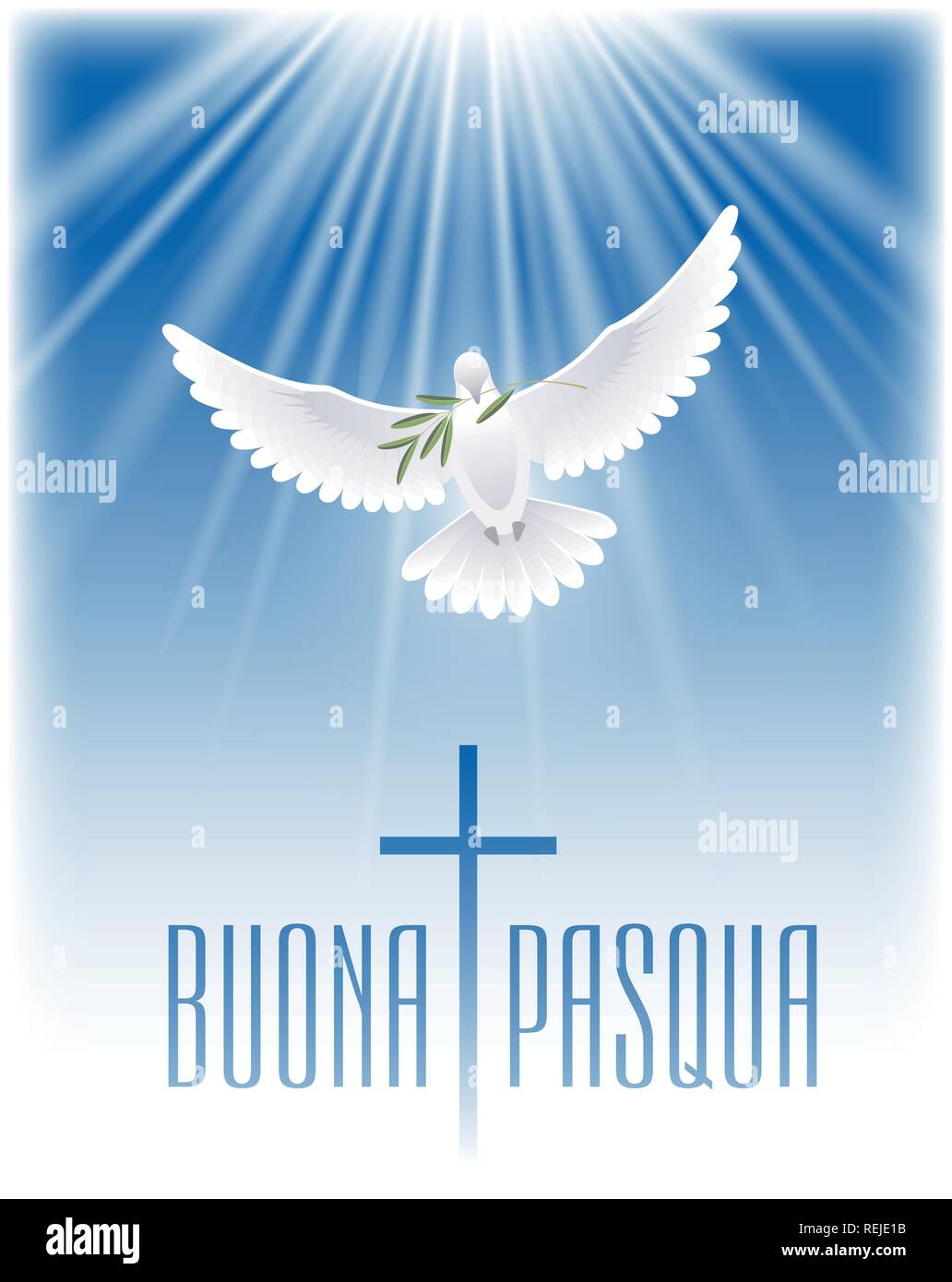 Joyeuses Pâques en italien. Carte de souhaits avec croix, colombe blanche et branche d'olivier. Vector illustration. Illustration de Vecteur
