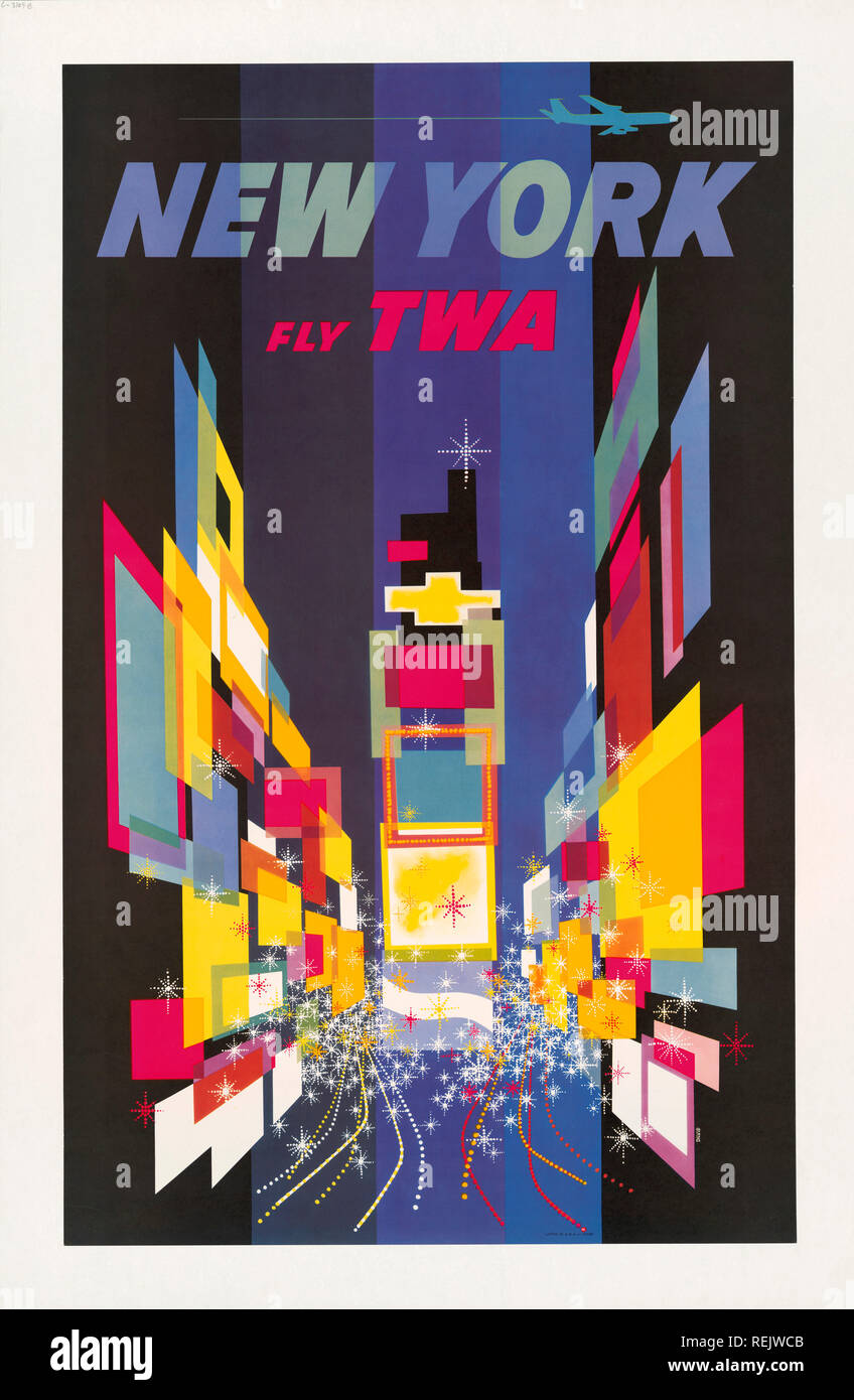 L'interprétation abstraite de Times Square avec Jet volant au-dessus, 'New York, Fly TWA', affiche, David Klein, 1956 Banque D'Images