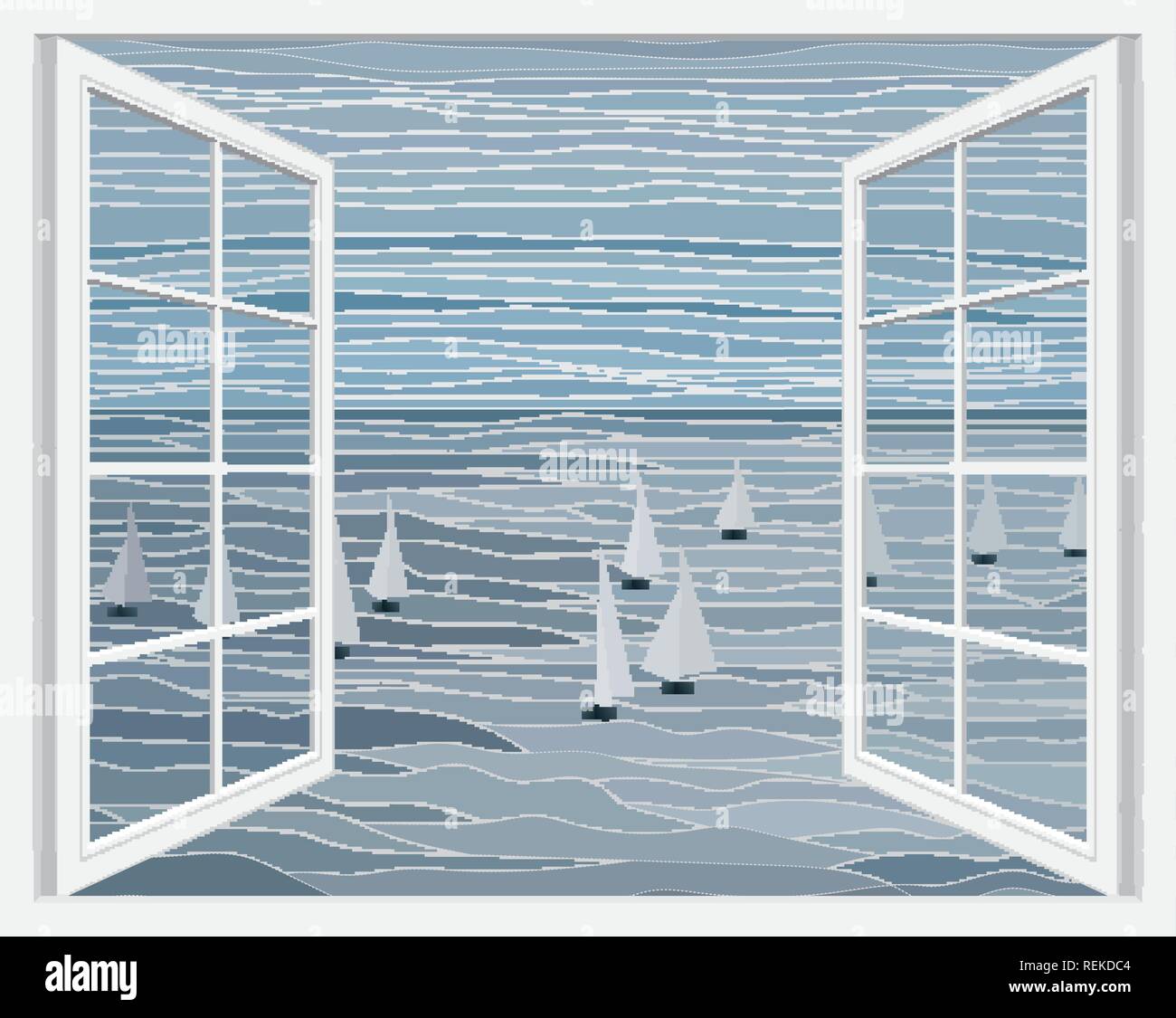 Voiliers dans la mer vector illustration paysage à travers la fenêtre ouverte blanc Illustration de Vecteur