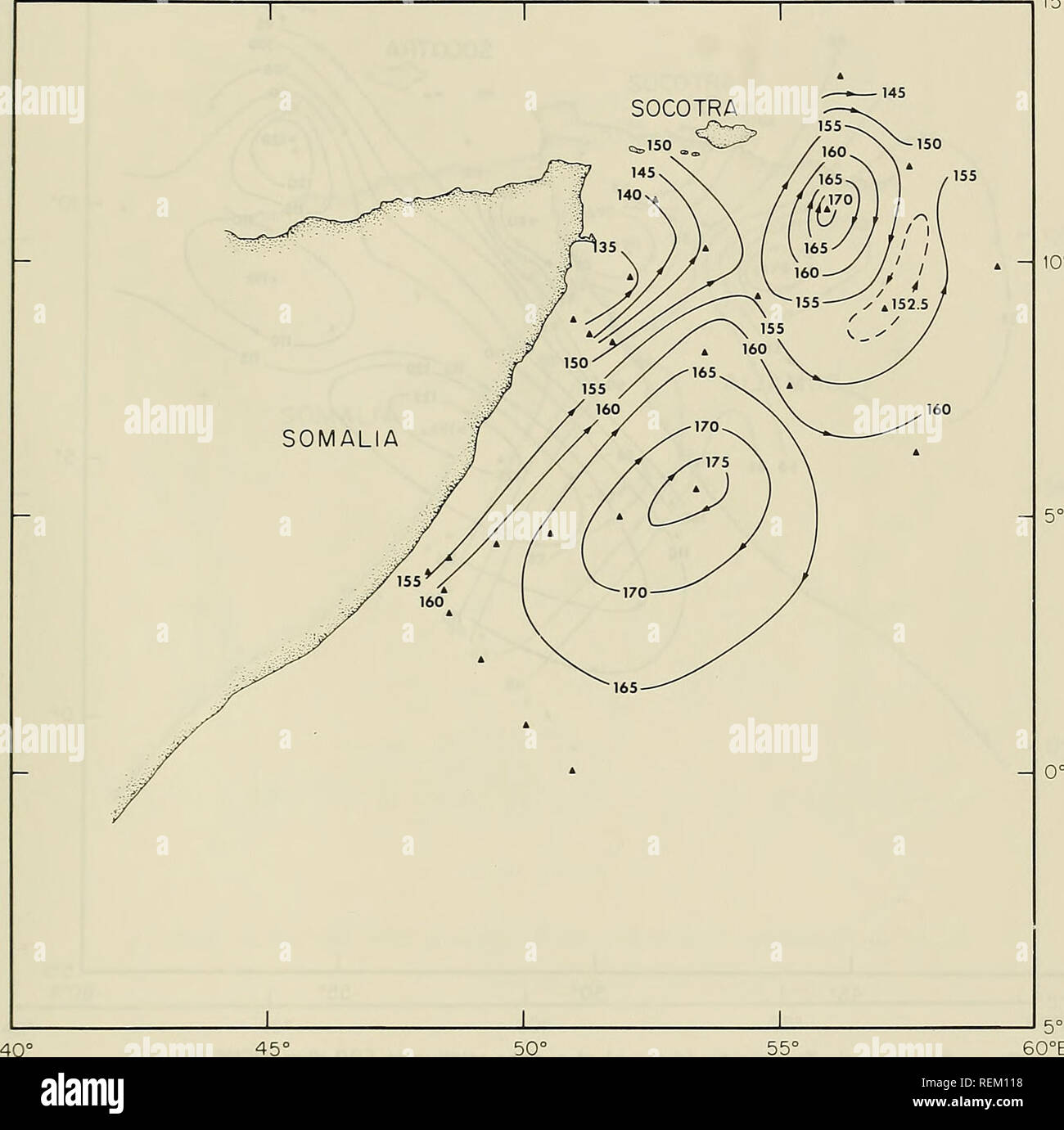 . La circulation et les propriétés océanographiques dans le bassin somalien comme pendant la mousson du sud-ouest 1979. Courants océaniques ; océanographie ; les moussons. 15°N 5°S et 60°E Figure 33. La topographie dynamique dyn (cm) de la surface par rapport à 1000 dbar, USNS WILKES, 18 août- 3 septembre 1979 57. Veuillez noter que ces images sont extraites de la page numérisée des images qui peuvent avoir été retouchées numériquement pour plus de lisibilité - coloration et l'aspect de ces illustrations ne peut pas parfaitement ressembler à l'œuvre originale.. Beatty, William H ; Bruce, John G ; Guthrie, Robert C, United States. Bureau océanographique de la marine. S Banque D'Images