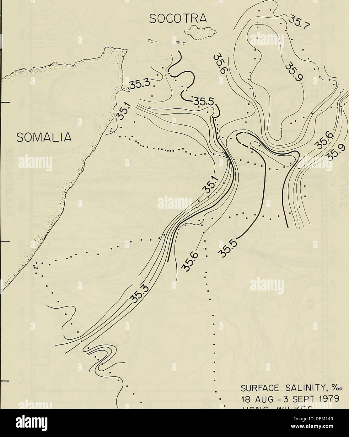 . La circulation et les propriétés océanographiques dans le bassin somalien comme pendant la mousson du sud-ouest 1979. Courants océaniques ; océanographie ; les moussons. 15'. - - 10' - 5' la salinité,  %o, 18 août-3 sept 1979 USNS WILKES - 0' 50' 55' 60° E Figure 19 43. Veuillez noter que ces images sont extraites de la page numérisée des images qui peuvent avoir été retouchées numériquement pour plus de lisibilité - coloration et l'aspect de ces illustrations ne peut pas parfaitement ressembler à l'œuvre originale.. Beatty, William H ; Bruce, John G ; Guthrie, Robert C, United States. Bureau océanographique de la marine. Saint Louis, Mississippi Naval : Banque D'Images