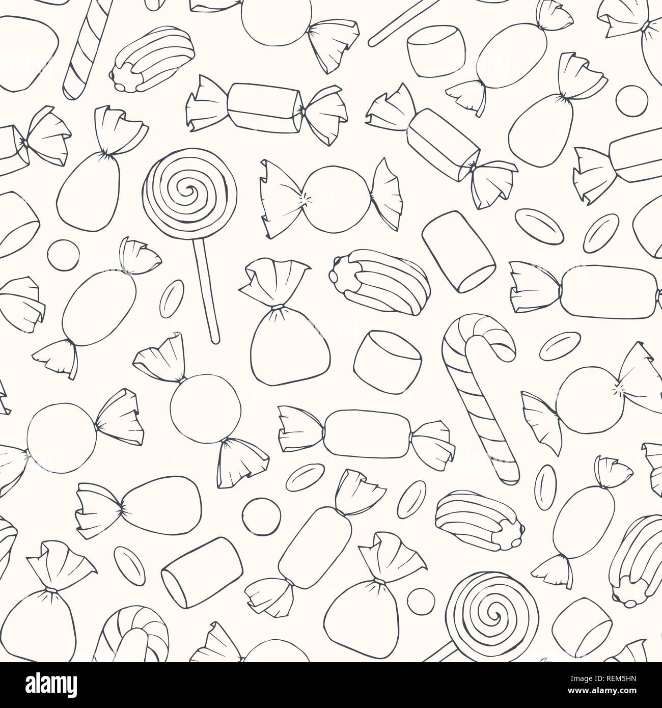 Hand drawn vector bonbons, les cannes et les guimauves sur le modèle sans contours fond beige. Maison de décoration dans des tons pastel. Illustration de Vecteur