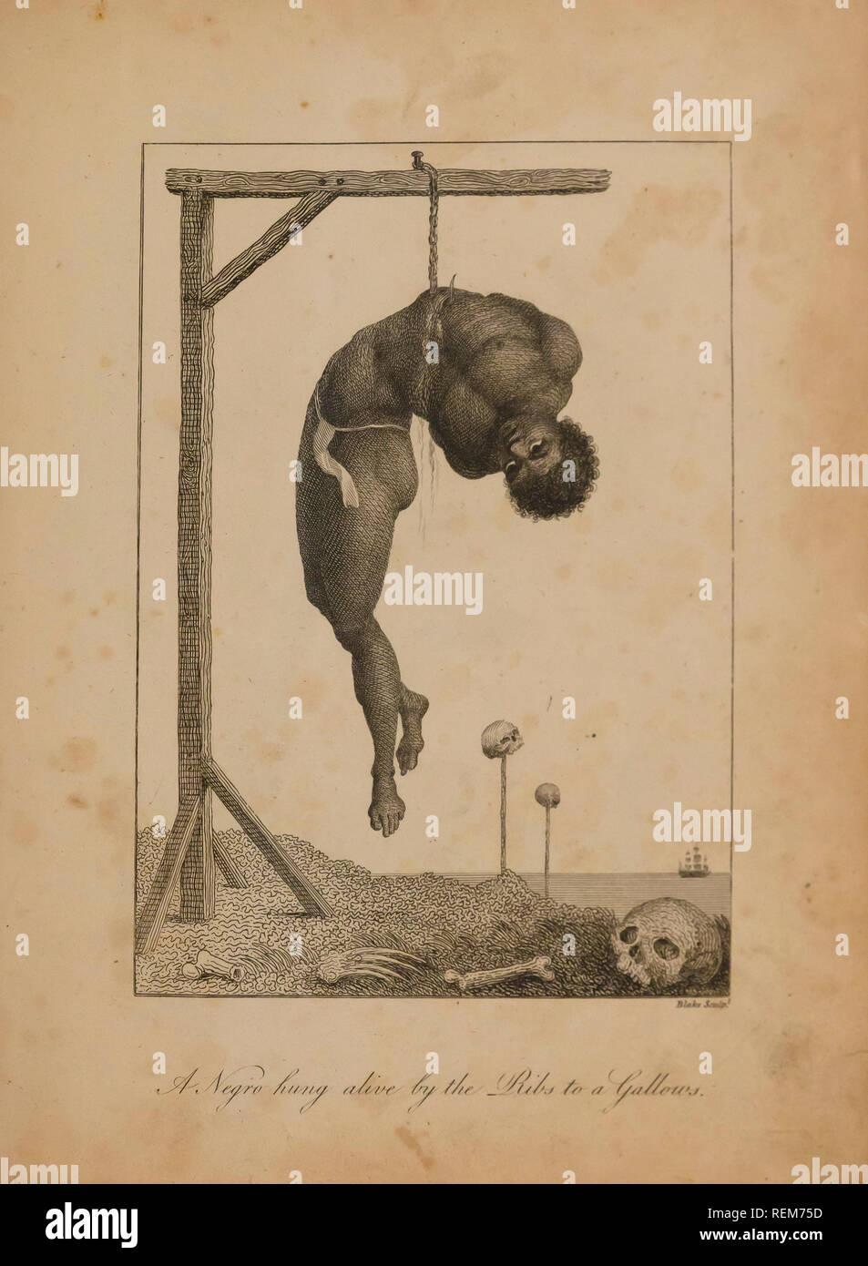 Un noir pendu en vie par les côtes d'une potence, Esclave pendu par les côtes, William Blake, 1796, Banque D'Images