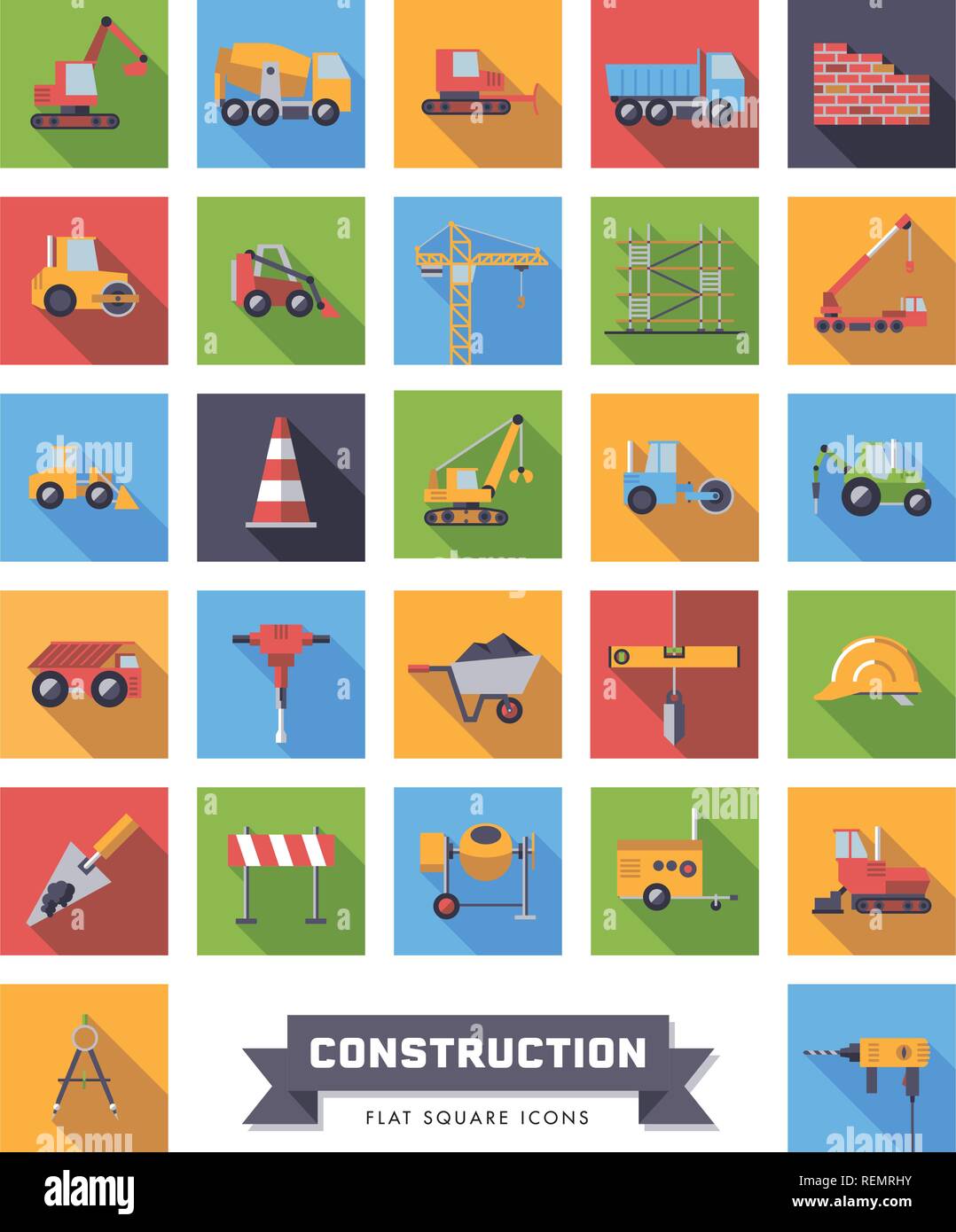 Modèle plat, ombre portée de l'industrie de la construction et des outils carrés vector icons set Illustration de Vecteur