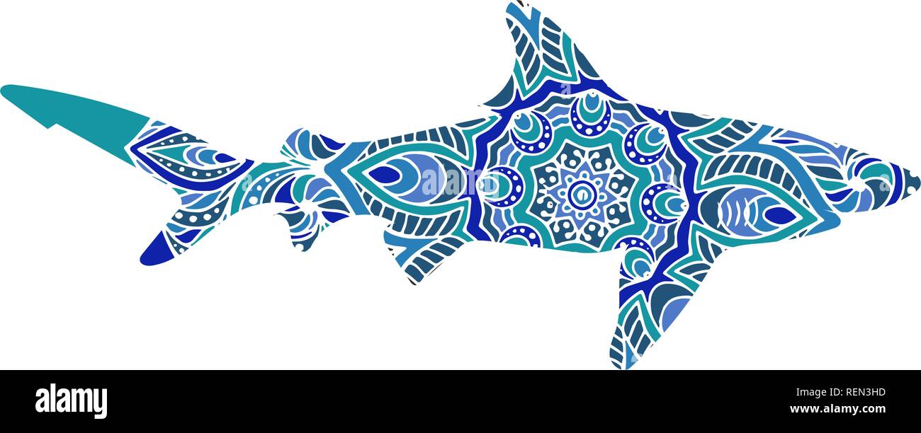 Requin dessiné à la main avec motif doodle ethniques. Coloriage - zendala, pour la relaxation et la méditation pour les adultes, vector illustration, isolé sur un fond blanc. . Illustration de Vecteur