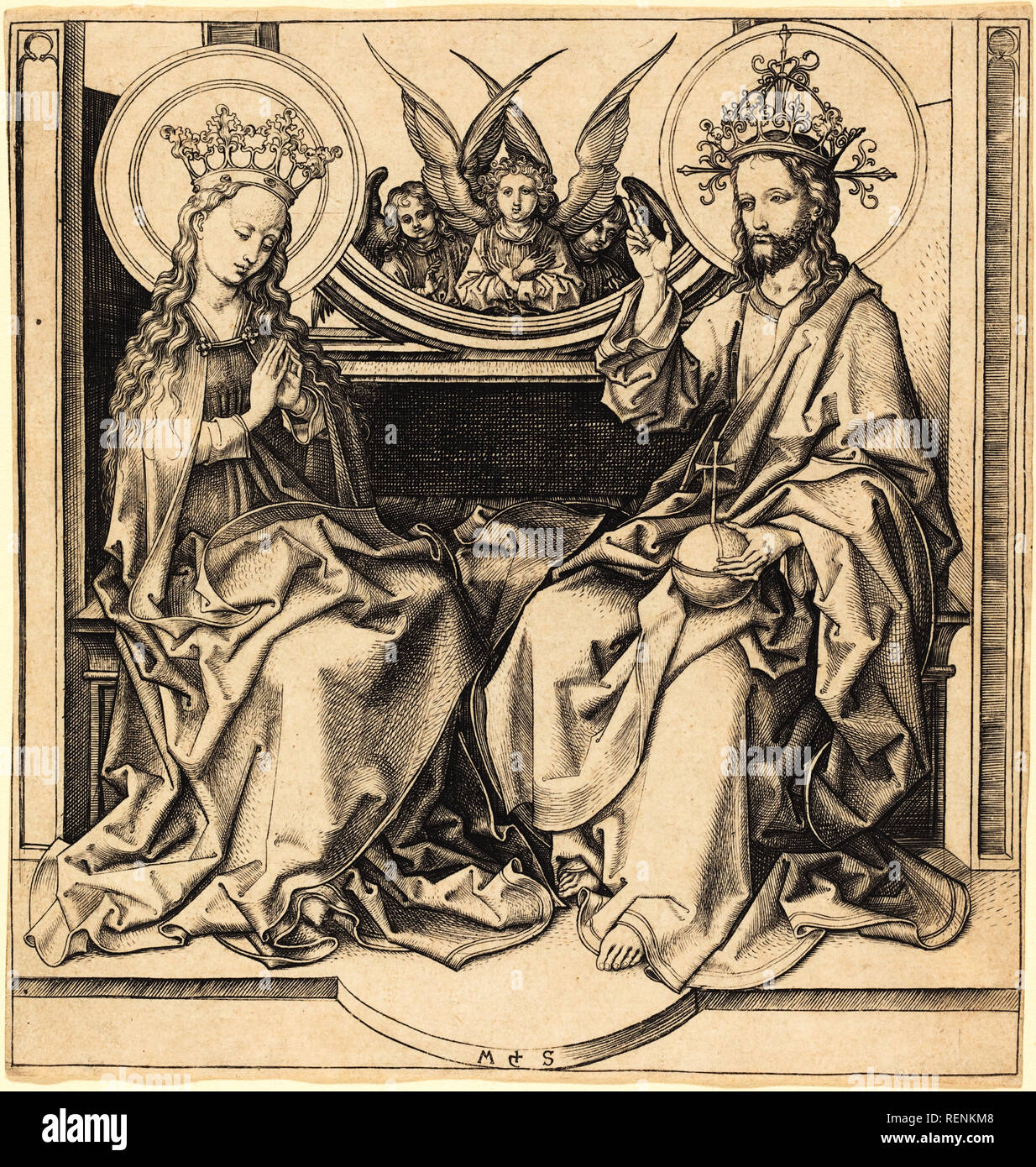 Le Christ bénissant la Vierge. En date du : ch. 1480/1490. Technique : gravure. Musée : National Gallery of Art, Washington DC. Auteur : Martin Schongauer. Banque D'Images