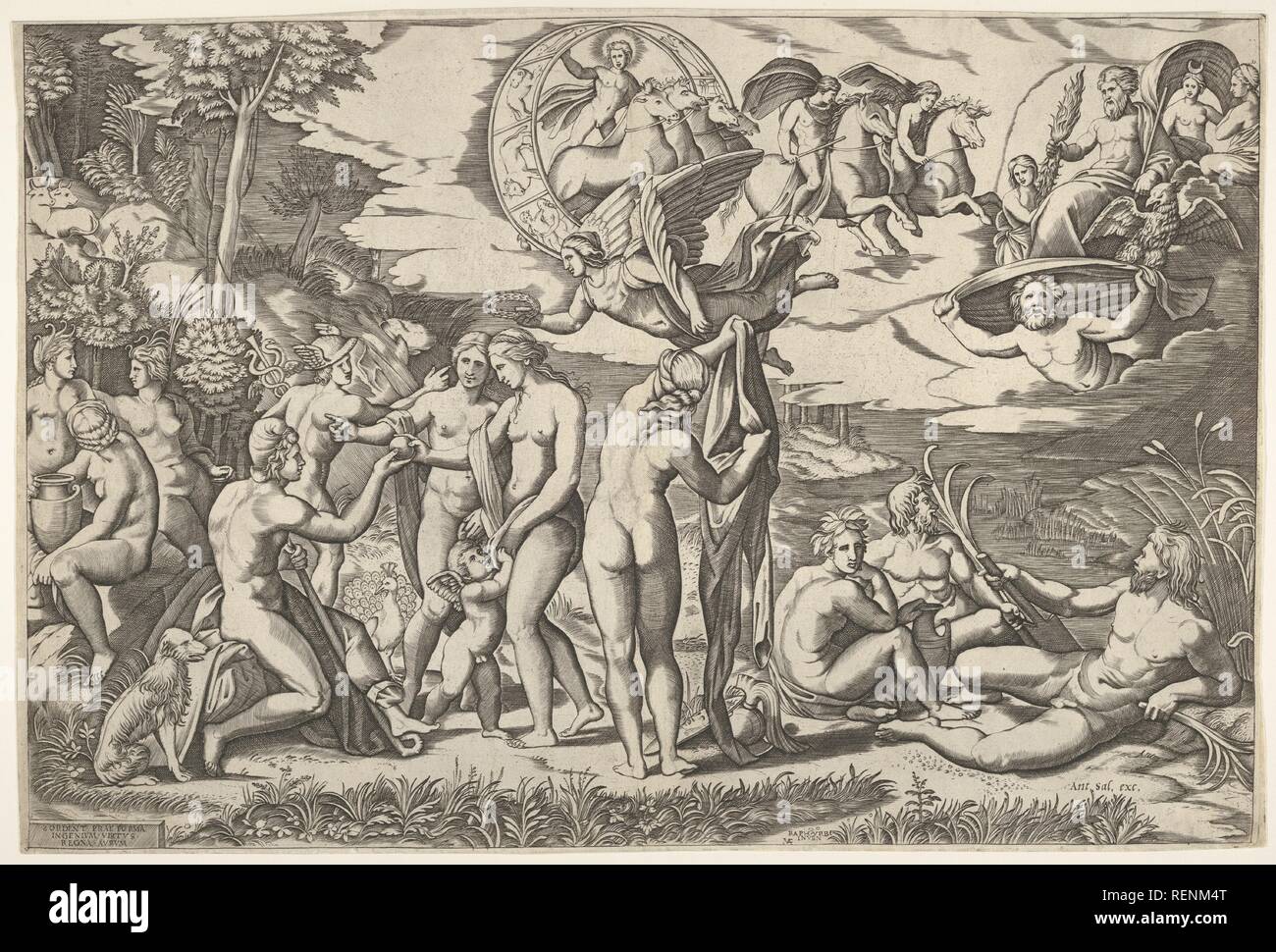 Jugement de Paris : Paris étend sa main vers Vénus, qui se tient entre Junon et Minerve, entouré de personnages assis et couché ; ci-dessus sont une figure ailée portant une couronne de laurier, un conducteur de char roulant quatre chevaux, Castor et Pollux, et Jupiter accompagné de Ganymède, un aigle, Diana, et deux autres personnages féminins. Artiste : Après Raphael (Raffaello Sanzio ou Santi) (Italien, Urbino 1483-1520 Rome) ; Après Marcantonio Raimondi (Italien, Argini ( ?) ca. 1480-avant 1534 Bologna ( ?)). Fiche Technique : Dimensions : 11 1/2 x 17 3/16 po. (29,2 x 43,7 cm). Editeur : Antonio Salamanca (Salamanca 1478-1562 Banque D'Images