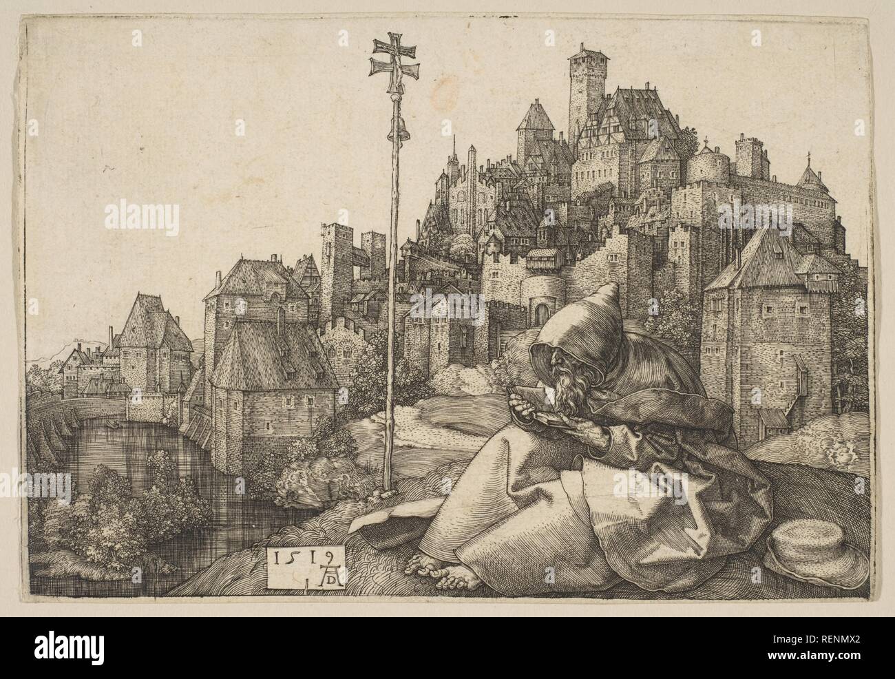 La lecture de Saint Antoine. Artiste : Albrecht Dürer (Nuremberg, Allemagne Nuremberg 1471-1528). Fiche Technique : Dimensions : 3 7/8 x 5 5/8 in. (9,8 × 14,3 cm). Date : 1519. Musée : Metropolitan Museum of Art, New York, USA. Banque D'Images