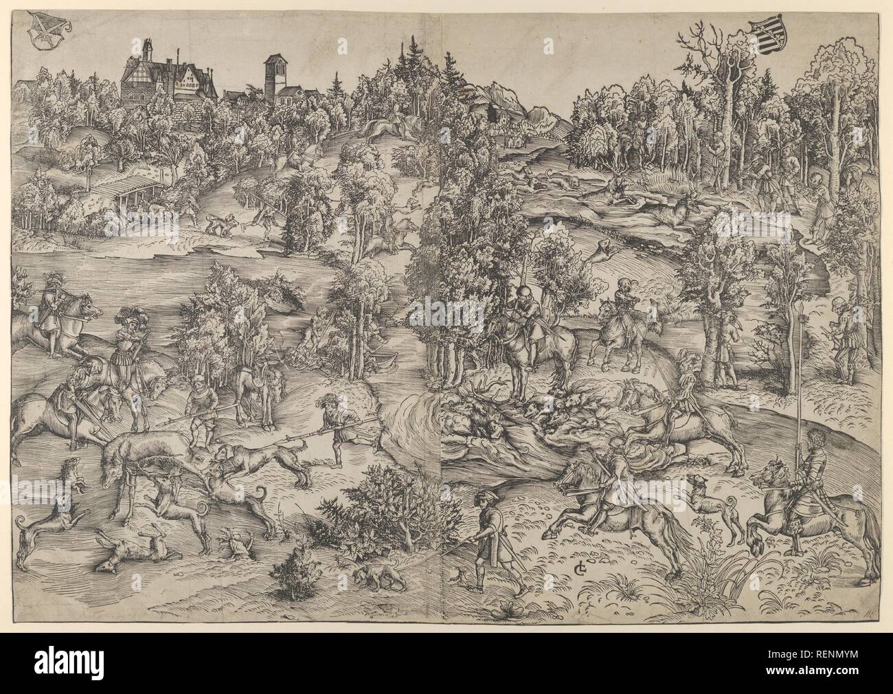 Le Stag-Hunt. Artiste : Lucas Cranach l'ancien (allemand, Kronach 1472-1553 Weimar). Fiche Technique : Dimensions : 5 × 7 9/16 13/16 in. (14,2 × 19,9 cm). Date : 1506. Musée : Metropolitan Museum of Art, New York, USA. Banque D'Images
