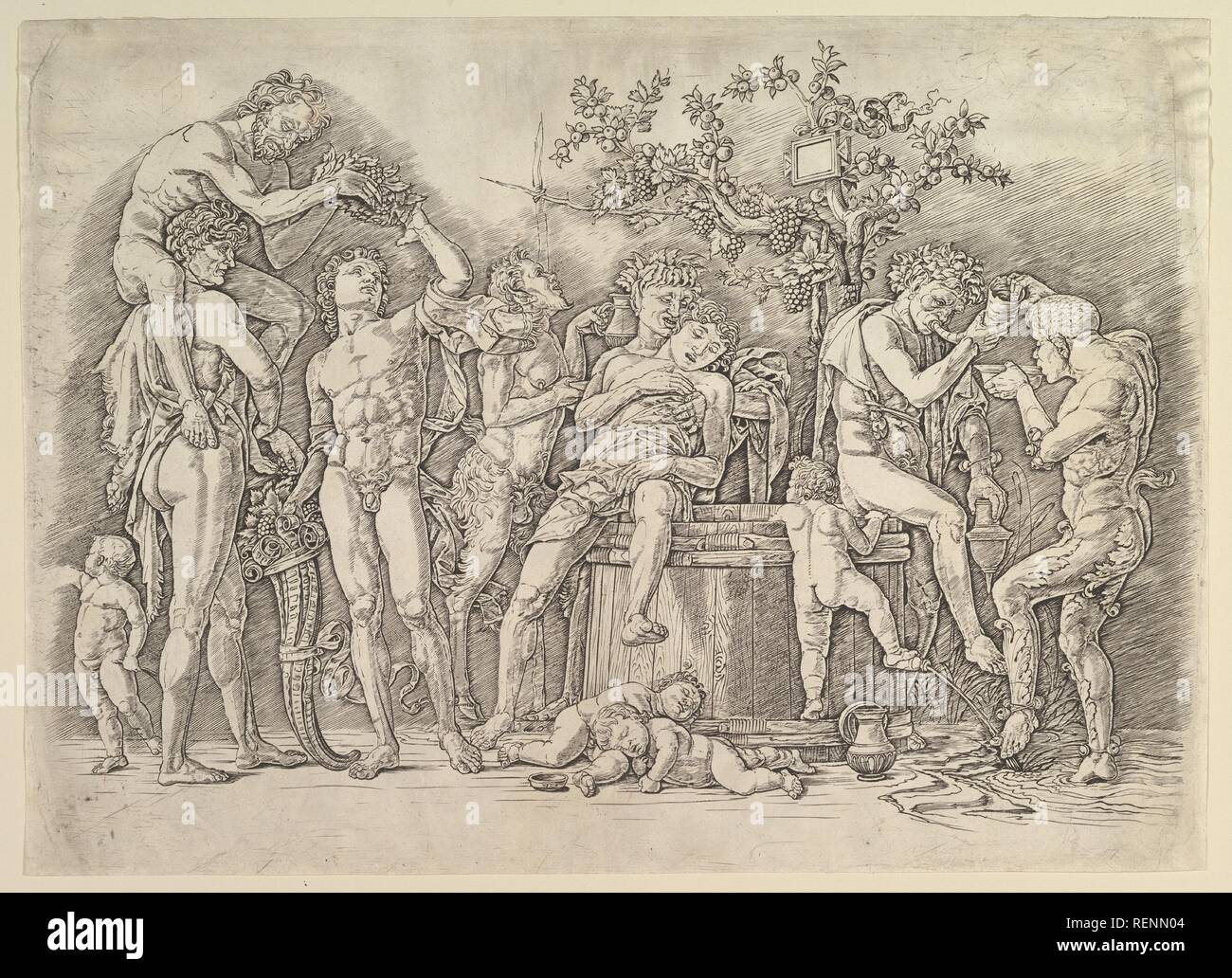 Bacchanal avec cuve à vin. Artiste : Andrea Mantegna (Italien, Isola di Carturo 1430/31-1506 Mantoue). Dimensions : Plateau : 12 x 17 3/4 à 13/16. (32,4 x 45,2 cm) : feuille 13 x 18 1/8 à 1/8. (33,3 x 46 cm). Date : ca. 1475. Musée : Metropolitan Museum of Art, New York, USA. Banque D'Images Bacchanal avec cuve à vin. Artiste : Andrea Mantegna (Italien, Isola di Carturo 1430/31-1506 Mantoue). Dimensions : Plateau : 12 x 17 3/4 à 13/16. (32,4 x 45,2 cm) : feuille 13 x 18 1/8 à 1/8. (33,3 x 46 cm). Date : ca. 1475. Musée : Metropolitan Museum of Art, New York, USA. Banque D'Images