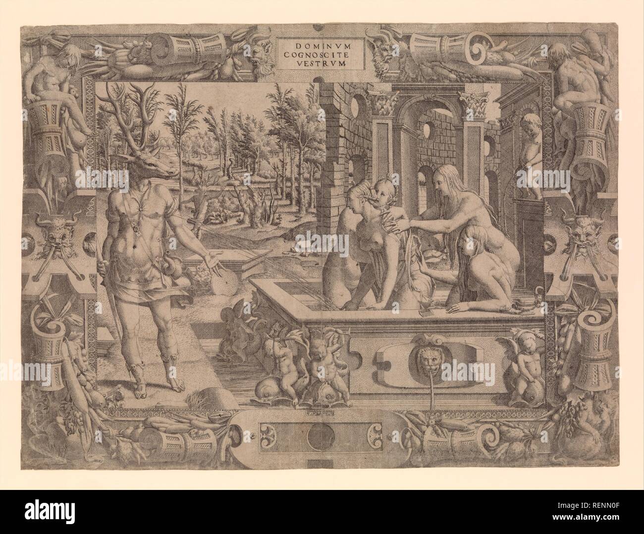 La métamorphose d'Acteon. Artiste : Jean Mignon (français, actif 1535-ca. 1555) ; Après Luca Penni (Italien, Florence 1500/1504-1557 Paris). Dimensions : 16 3/4 x 22 1/2 in. (42,6 x 57,2 cm). Date : 1535-55. Musée : Metropolitan Museum of Art, New York, USA. Banque D'Images