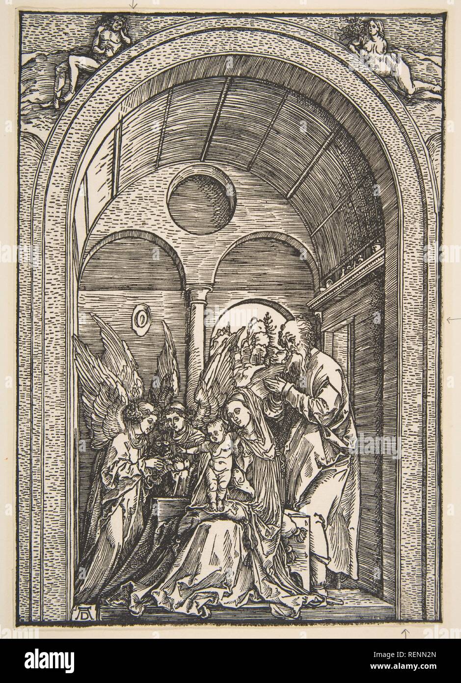 La sainte famille avec deux anges dans une salle voûtée. Artiste : Albrecht Dürer (Nuremberg, Allemagne Nuremberg 1471-1528). Fiche technique : Dimensions : 8 1/2 x 5 15/16 in. (21,5 x 15,1 cm). Date : ca. 1503. Musée : Metropolitan Museum of Art, New York, USA. Banque D'Images