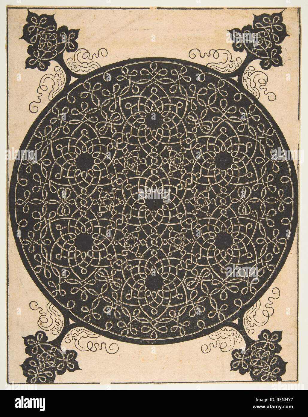 Motif de broderie avec sept étoiles à six branches et quatre pièces d'angle. Artiste : Albrecht Dürer (Nuremberg, Allemagne Nuremberg 1471-1528) ; Après l'italien Léonard de Vinci (1452-1519), Vinci Amboise (ou atelier). Fiche technique : Dimensions : 11 x 5/16 9 1/16 in. (28,7 x 23 cm). Date : avant 1521. Motif de broderie faite hors de soi-disant travail de noeud. Le principal motif a une forme circulaire et est présenté en blanc sur un sol foncé. Les câbles ou sangles noués forment six étoiles : une au milieu et six l'entourant. Sur les quatre coins, un autre ornement en forme de feuille a été ajouté qui colle dehors o Banque D'Images