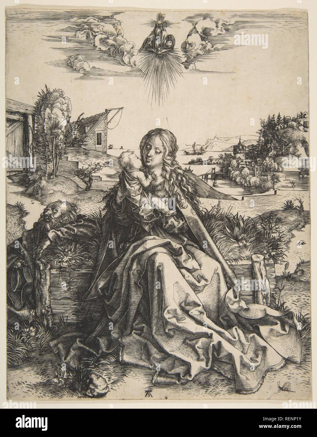 Sainte Famille avec une libellule. Artiste : Albrecht Dürer (Nuremberg, Allemagne Nuremberg 1471-1528). Fiche Technique : Dimensions : 9 × 5/16 11 1/4 in. (23,6 × 28,5 cm). Date : ca. 1495. Musée : Metropolitan Museum of Art, New York, USA. Banque D'Images