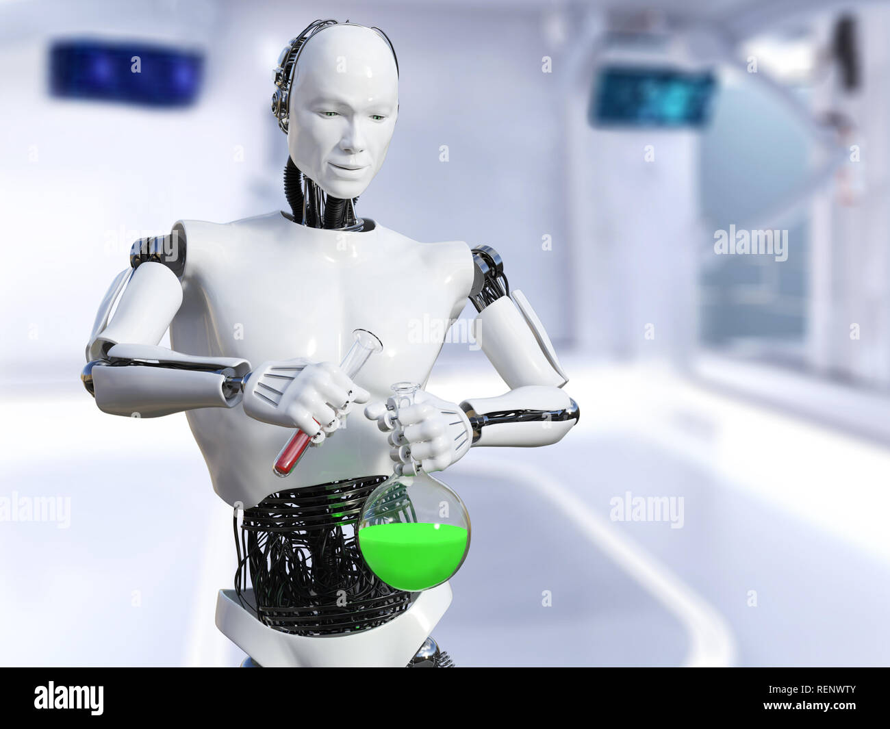 Le rendu 3D d'un robot de sexe masculin travaillant dans un laboratoire, faire une expérience scientifique. Il est versé le liquide d'un tube à essai dans un bécher. Banque D'Images