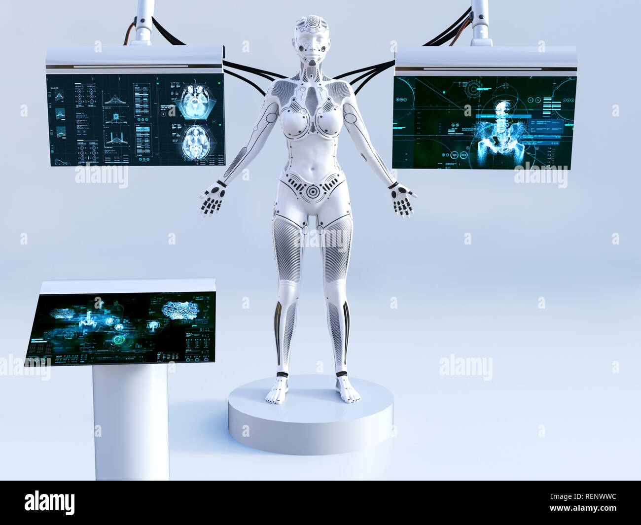 Le rendu 3D d'un robot femme debout avec les yeux fermés. Il est connecté aux écrans pour la numérisation ou de charge son intelligence artificielle. Futuristic Banque D'Images