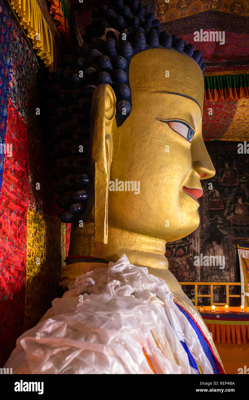 La statue en or du Bouddha Shakyamuni au Palais Shey Monastère, Ladakh, Inde. Banque D'Images