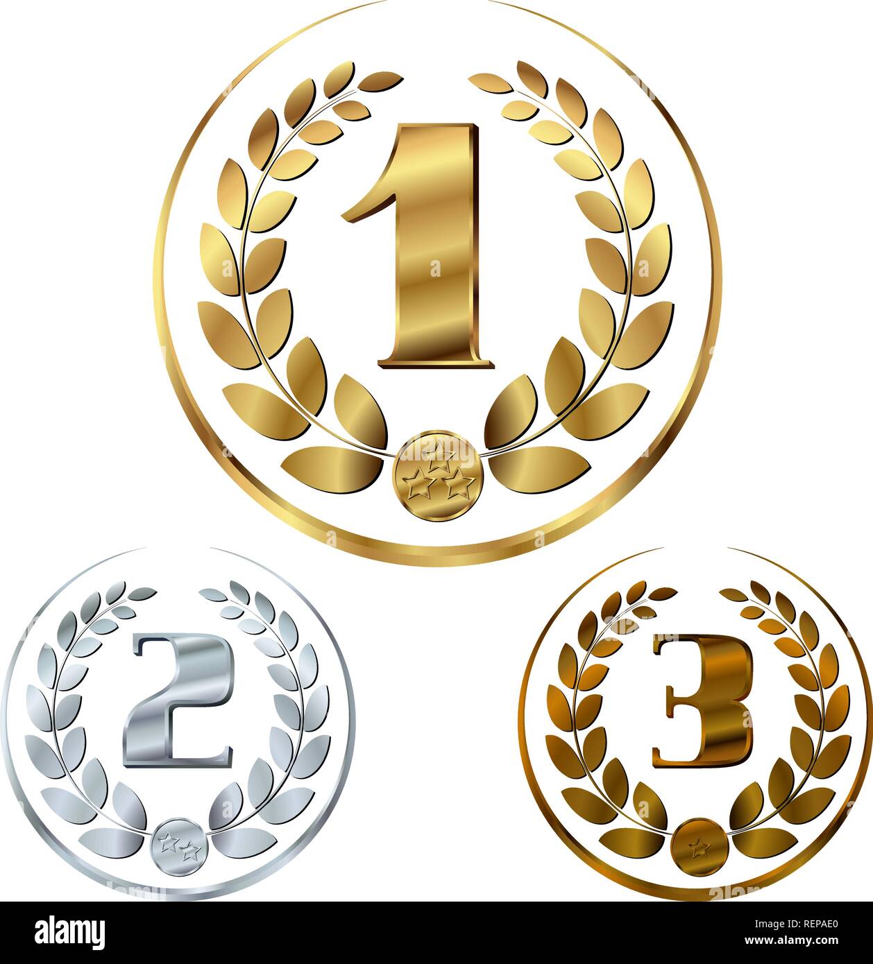 Ensemble d'or, d'argent et de bronze de lauriers dans un demi-cercle, et avec de l'or, argent et bronze coins avec des étoiles. Texture métal réaliste. Illustration de Vecteur