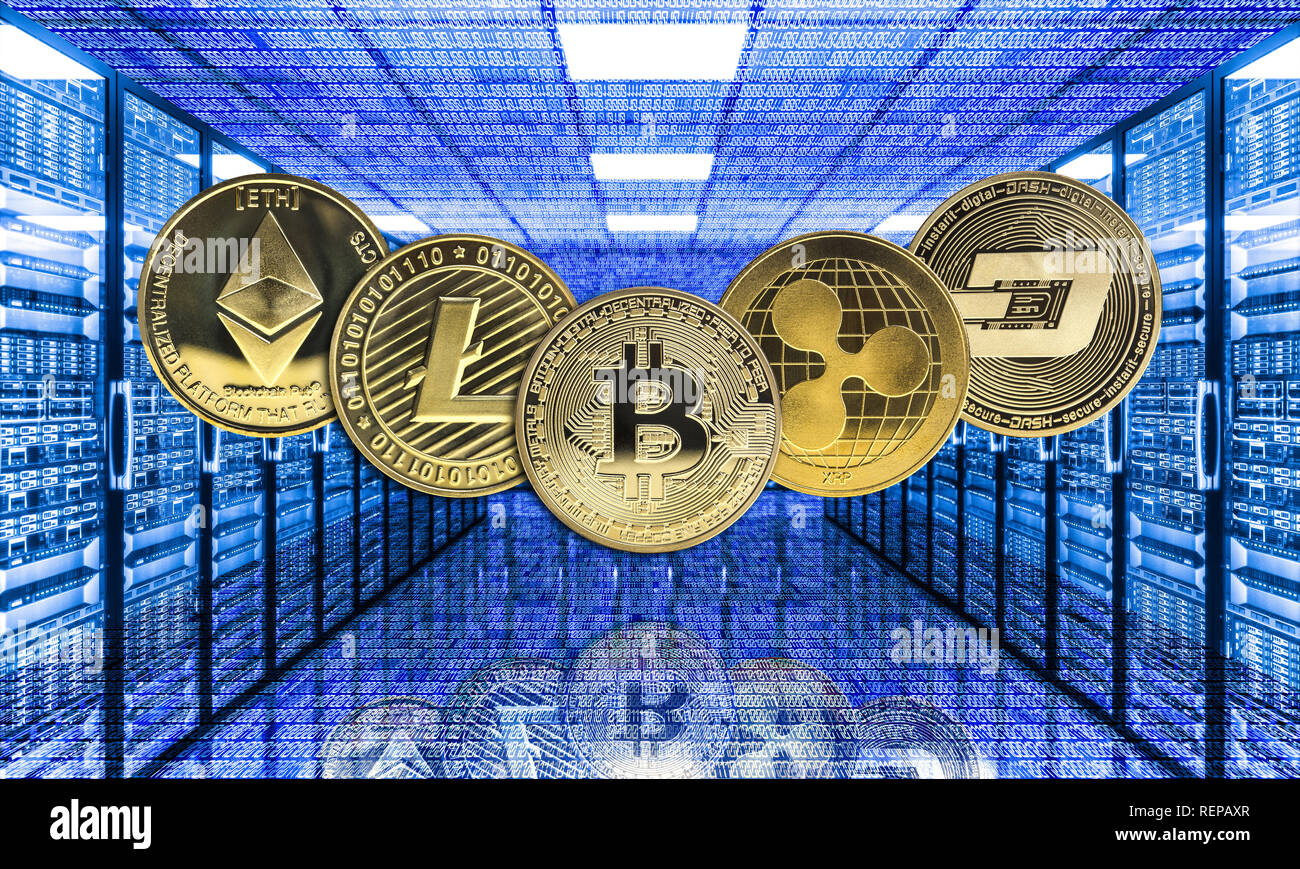 Pièce de monnaie en or de crypto centre de données moderne image 3D Banque D'Images