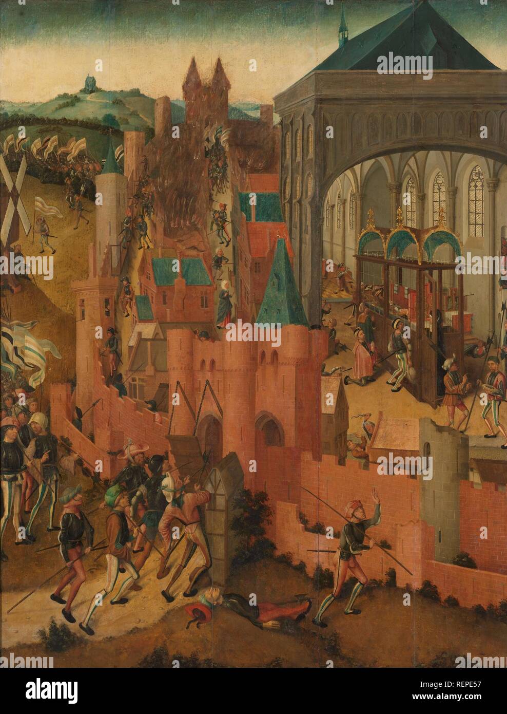 Le siège de Rhenen. De verovering van Rhenen door Jan II van Kleef en 1499. Dating : ch. 1499 - c. 1525. Lieu : Nord des Pays-Bas. Mesures : support : h 182 cm × w 143 cm. Musée : Rijksmuseum, Amsterdam. Auteur : Maître de Rhenen. Maître de la Sainte Elisabeth (rejeté). Banque D'Images