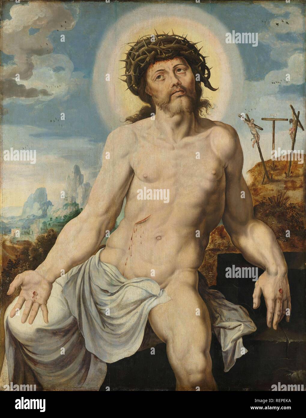 Le Christ comme l'Homme des Douleurs. Dating : ch. 1545 - c. 1550. Mesures : support : H 99 cm × w 77,5 cm ; D. 7,5 cm. Musée : Rijksmuseum, Amsterdam. Auteur : Maarten van Heemskerck (atelier de). Banque D'Images