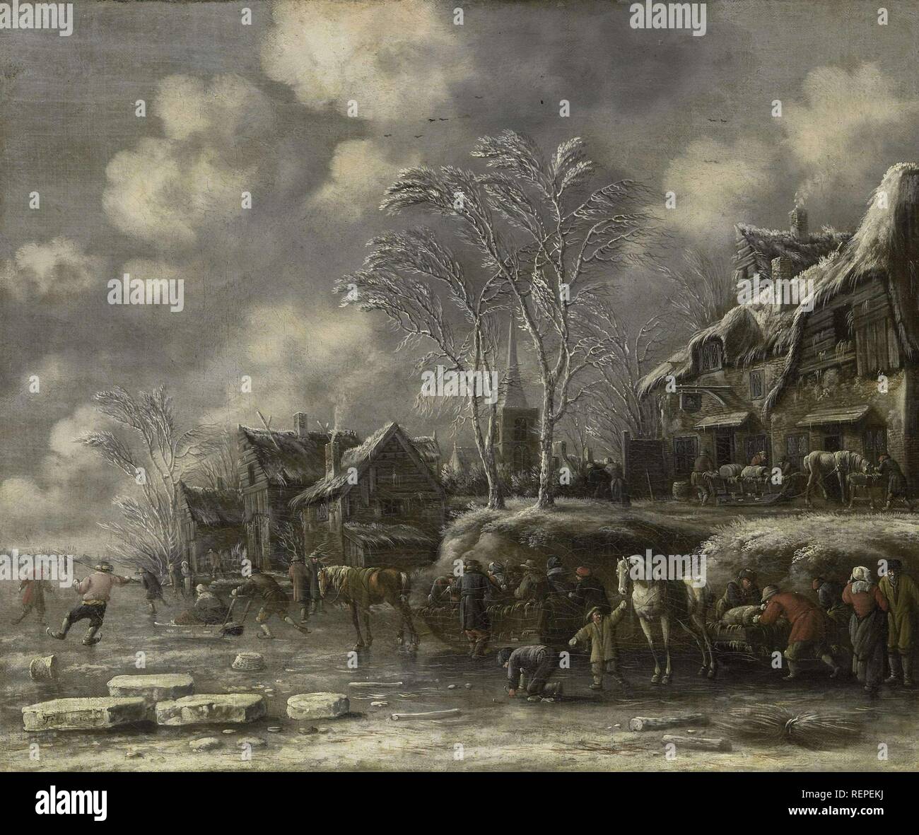 Scène d'hiver. Dating : 1675. Dimensions : H 41 cm × w 49 cm ; d 7,5 cm. Musée : Rijksmuseum, Amsterdam. Auteur : Thomas Heeremans. Banque D'Images