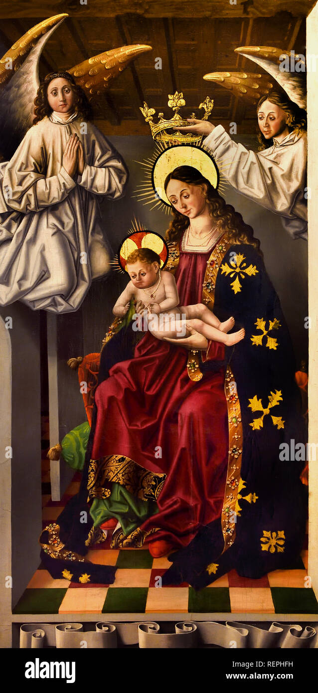 Vierge à l'enfant d'un perroquet Fernando GALLEGO ( 1468 - 1507 ) Salamanca , Espagne, Espagnol, Banque D'Images