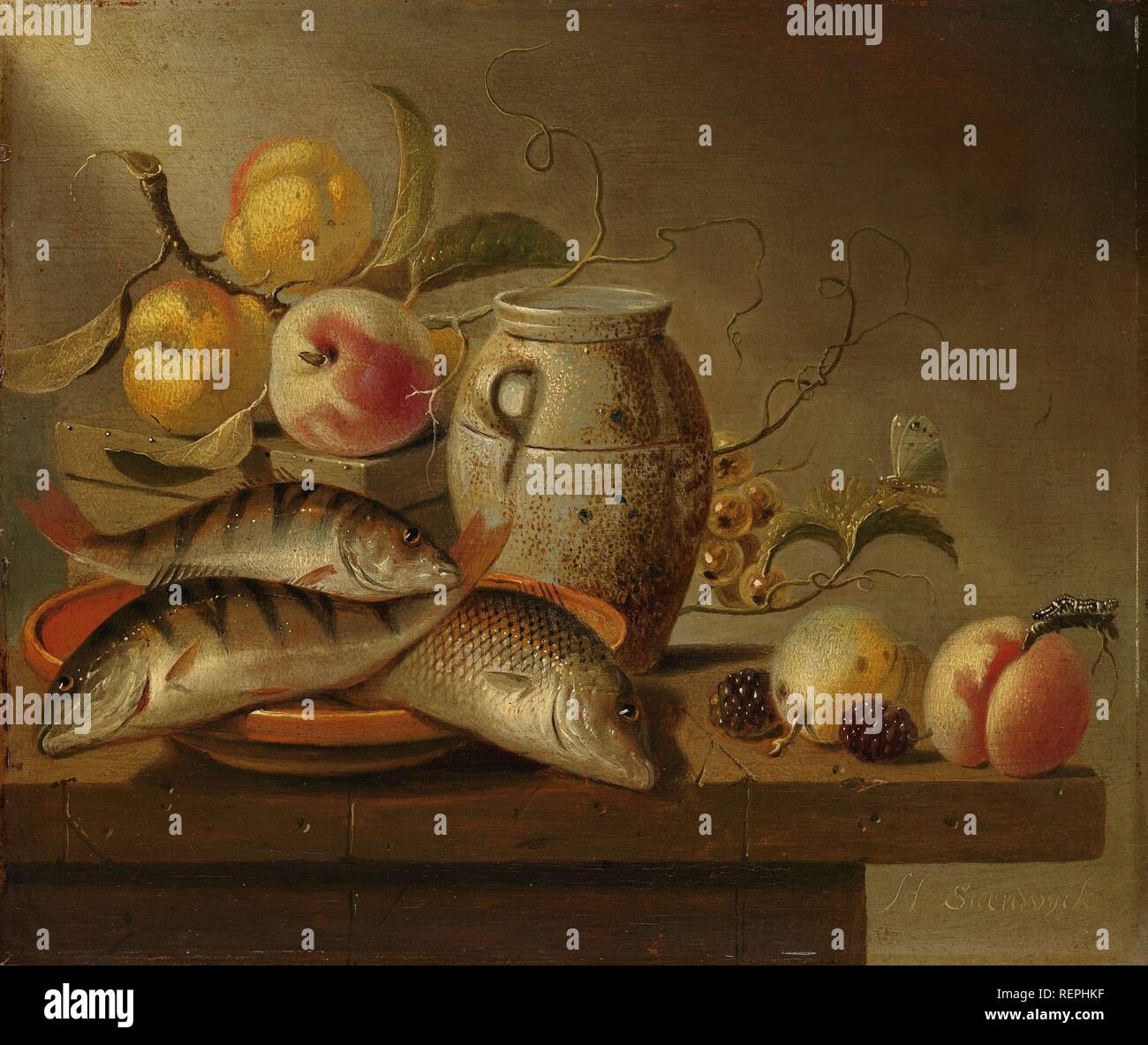 Nature morte avec Jarre, poissons et fruits. Dating : 1652. Dimensions : H 23 cm × w 27 cm ; d 5,5 cm. Musée : Rijksmuseum, Amsterdam. Auteur : Harmen Steenwijck. Banque D'Images