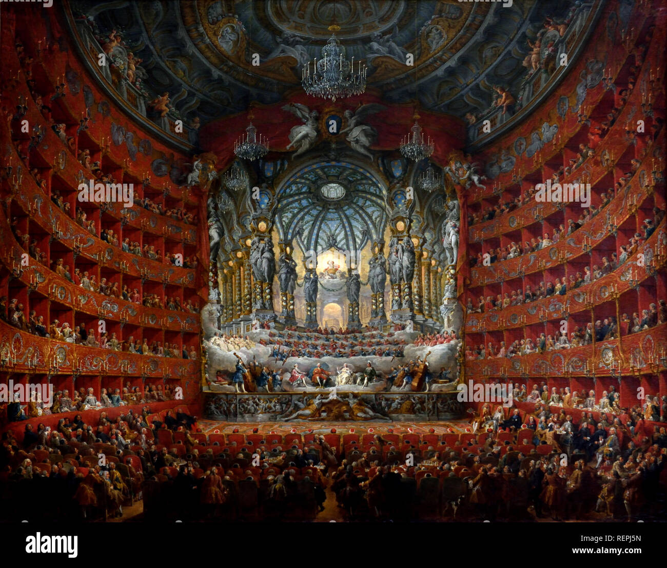 Célébration musicale donnée par le Cardinal de La Rochefoucauld au Théâtre Argentina à Rome en 1747 pour le mariage du dauphin, fils de Louis XV par Giovanni Paolo PANINI. (Piacenza 1691 - Rome 1765), l'Italie, l'italien, Banque D'Images