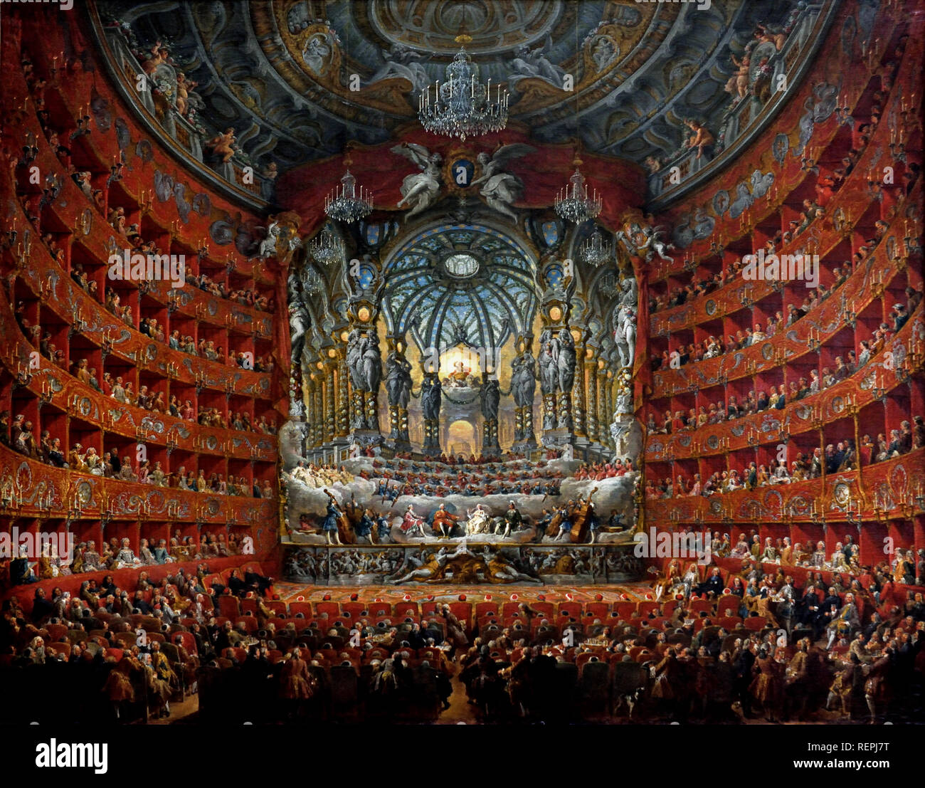 Célébration musicale donnée par le Cardinal de La Rochefoucauld au Théâtre Argentina à Rome en 1747 pour le mariage du dauphin, fils de Louis XV par Giovanni Paolo PANINI. (Piacenza 1691 - Rome 1765), l'Italie, l'italien, Banque D'Images