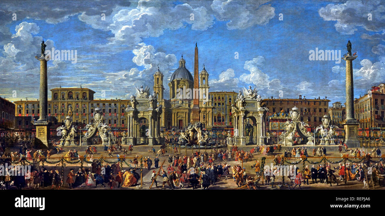 Les préparatifs dans la Piazza Navona pour célébrer la naissance du Dauphin de France 1729 par Giovanni Paolo PANINI. (Piacenza 1691 - Rome 1765), l'Italie, l'italien, Banque D'Images