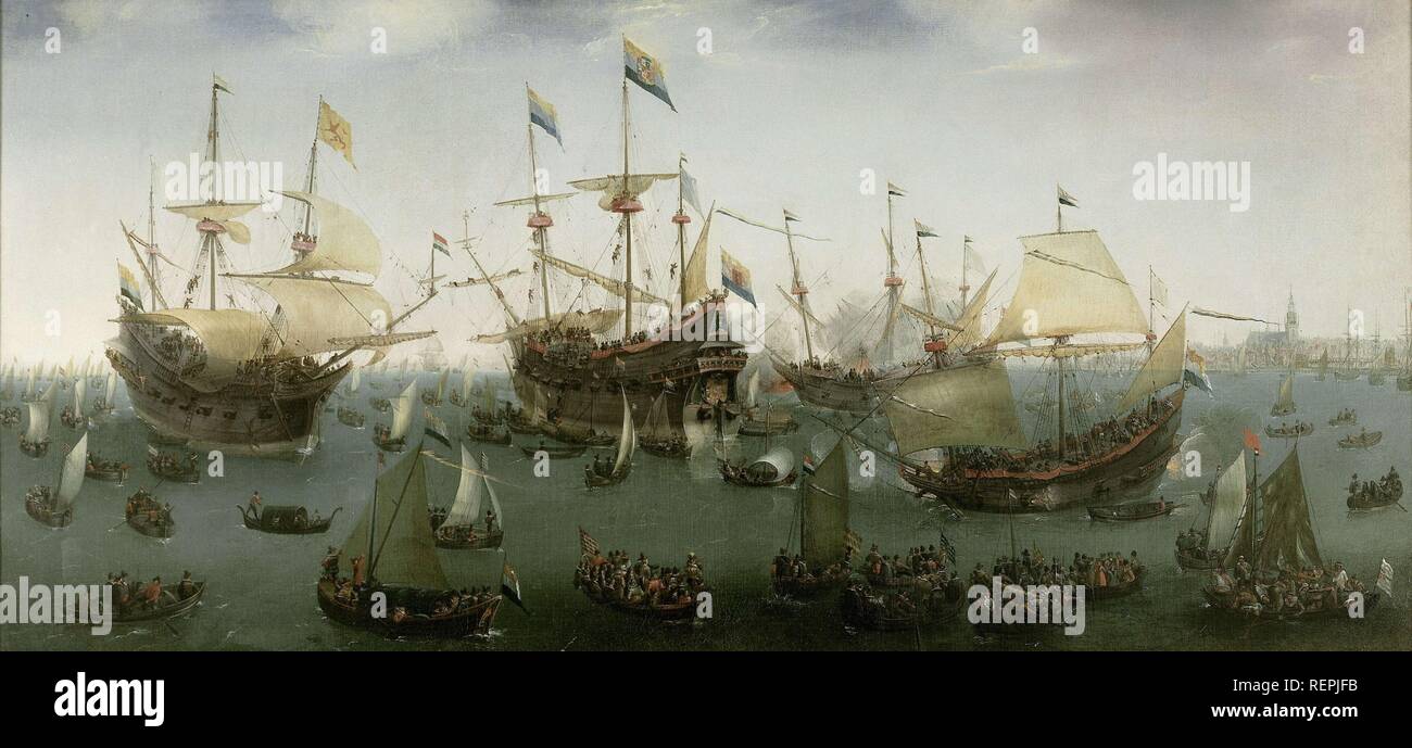 Le retour à Amsterdam de la seconde expédition pour les Indes orientales. Le retour à Amsterdam de la seconde expédition pour les Indes orientales, le 19 juillet 1599. Dating : 1599. Mesures : support : h 102,3 cm × w 218,4 cm ; taille de la vue : h 99,5 cm × w 216 cm ; cadre : h 129 cm × 247 cm × w d 12 cm. Musée : Rijksmuseum, Amsterdam. Auteur : Hendrik Cornelisz. Vroom. HENDRIK CORNELISZ VROOM. Vroom, Hendrick Cornelisz. Banque D'Images