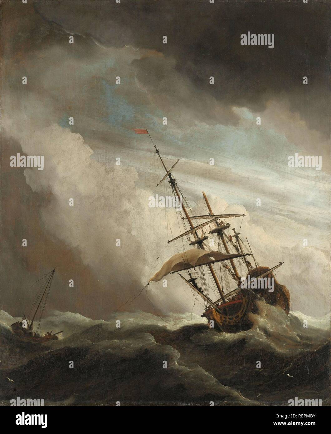 Un navire en haute mer capturés par un grain, connu sous le nom de "La Rafale". Een schip en volle zee bij vliegende tempête, bekend als 'De windstoot'. Dating : ch. 1680. Dimensions : H 77 cm × 63,5 cm × w h 90,5 cm × 78,5 cm × w d 6.5 cm. Musée : Rijksmuseum, Amsterdam. Auteur : Willem van de Velde (II). Willem van de Velde, (le plus jeune). Banque D'Images