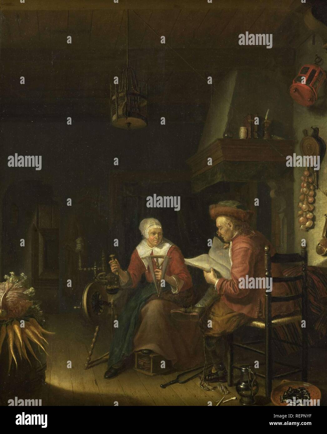 Intérieur avec un homme et une femme lecture filer. Dating : 1660 - 1676. Dimensions : H 53 cm × w 42 cm ; d 4.3 cm. Musée : Rijksmuseum, Amsterdam. Auteur : Domenicus van Tol. Banque D'Images