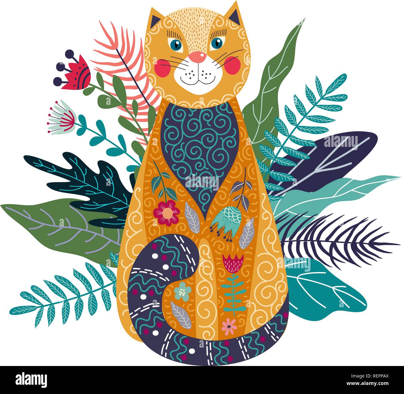 Vector Art illustration isolé colorés avec mignon chat de gingembre, de fleurs et d'herbe sur un fond blanc. Décoration d'art pour votre intérieur et pour u Illustration de Vecteur