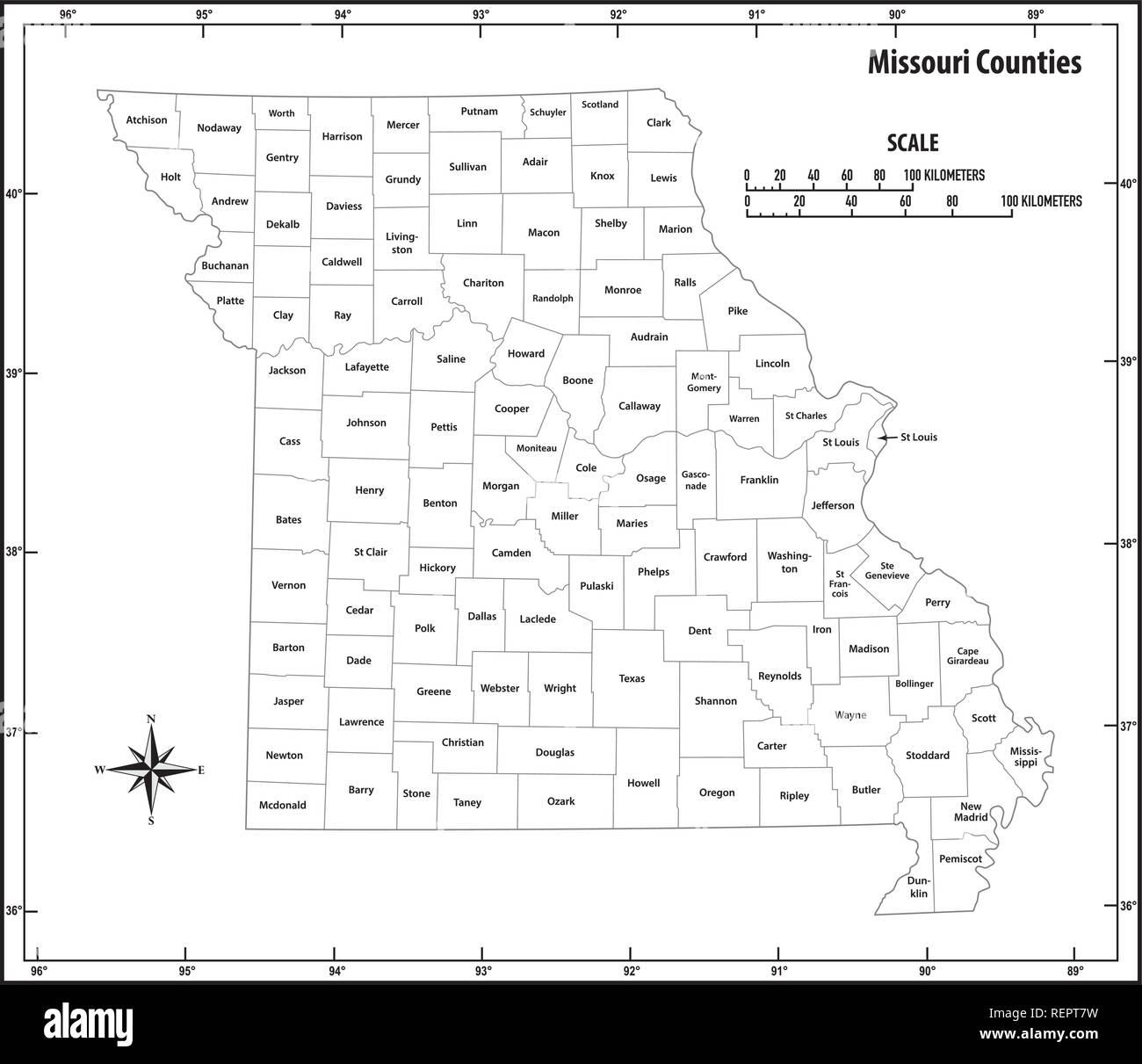Aperçu de l'état du Missouri carte vectorielle administrative et politique en noir et blanc Illustration de Vecteur