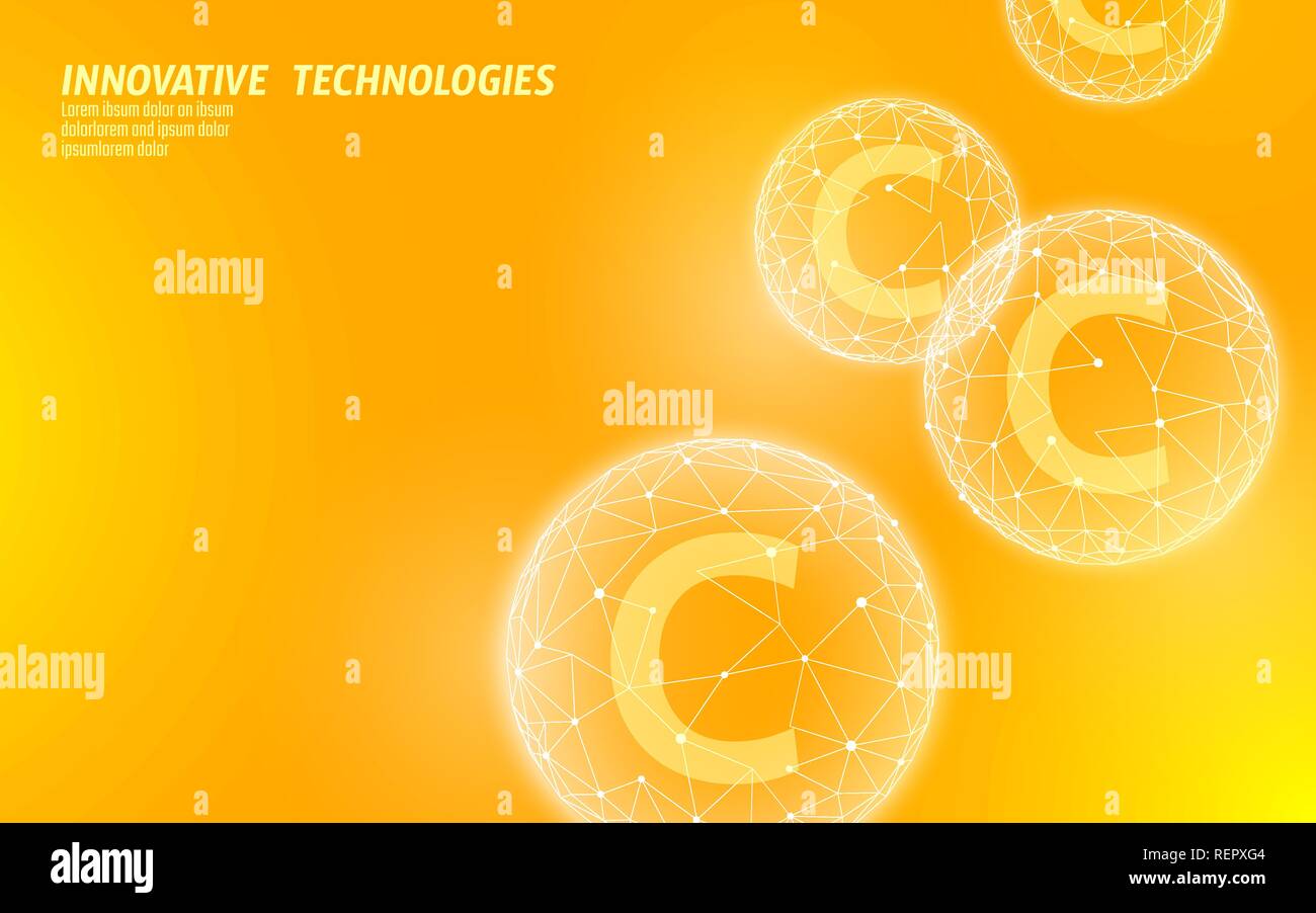La vitamine C low poly sphere couleur orange vif. Supplément de santé Soins de la peau cosmétiques anti-âge complexe traitement ad grippe. Medicine Science Modèle de page d'illustration vectorielle Illustration de Vecteur