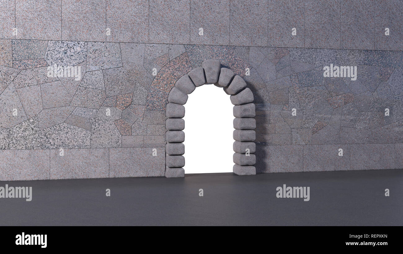 Sol carrelé mur de granit avec pierre cyclopéens et porte parole d'asphalte. Ouverture horizontale en isolé blanc 3D render. Banque D'Images