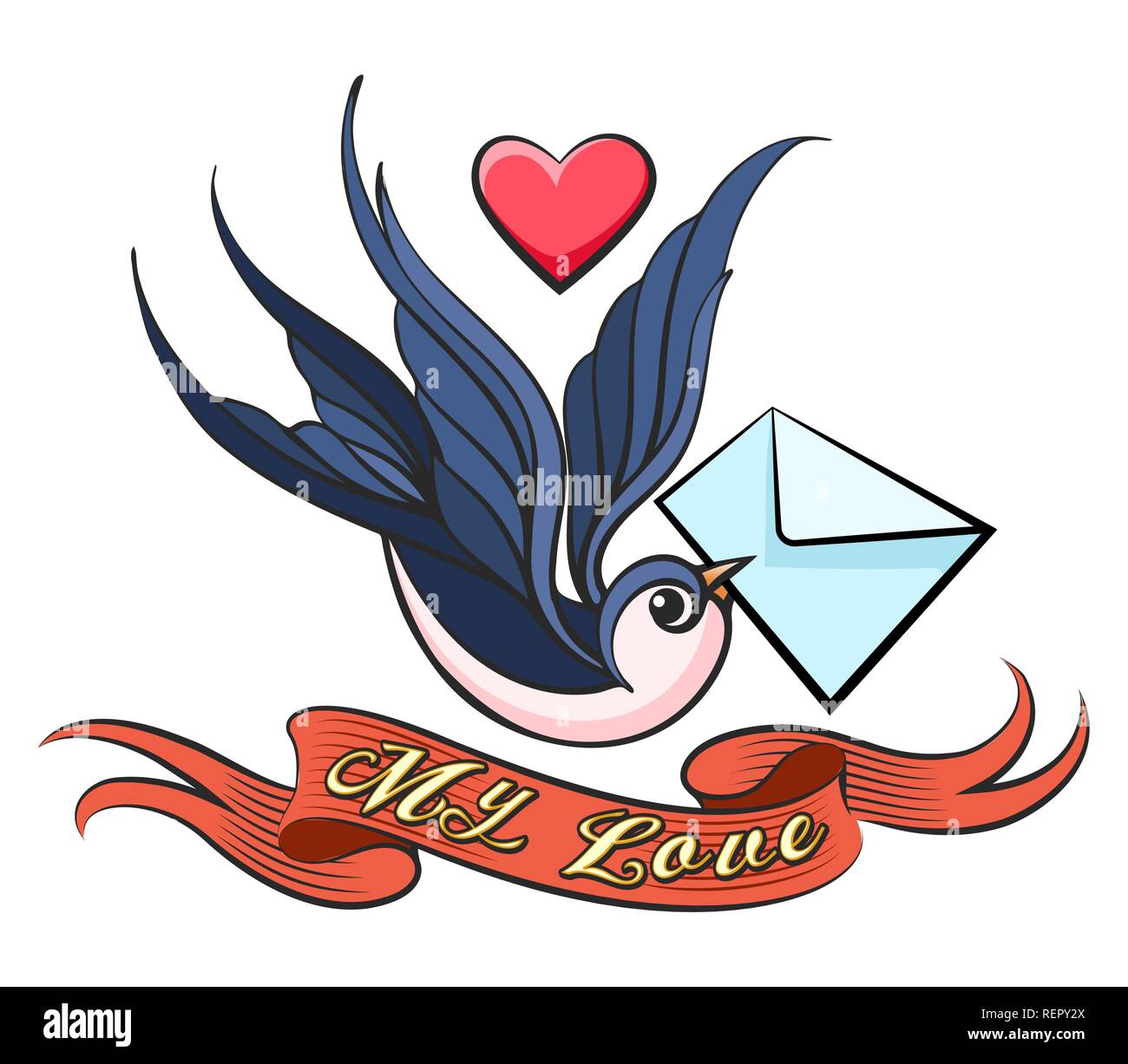 Avaler avec lettre d'amour dans un bec et ruban avec libellé mon amour dessiné dans le style de tatouage. Vector illustration. Illustration de Vecteur