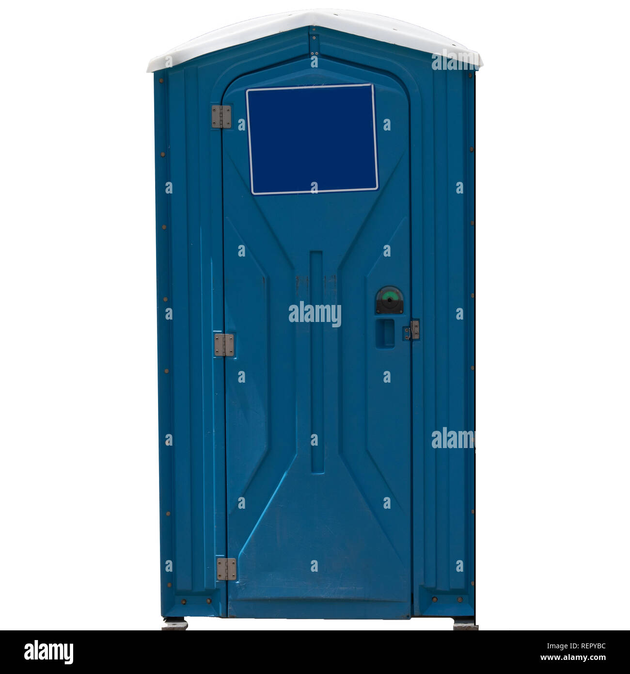 Toilettes portables bleu blanc avec inscription sur la porte. Isolé sur fond blanc. Banque D'Images