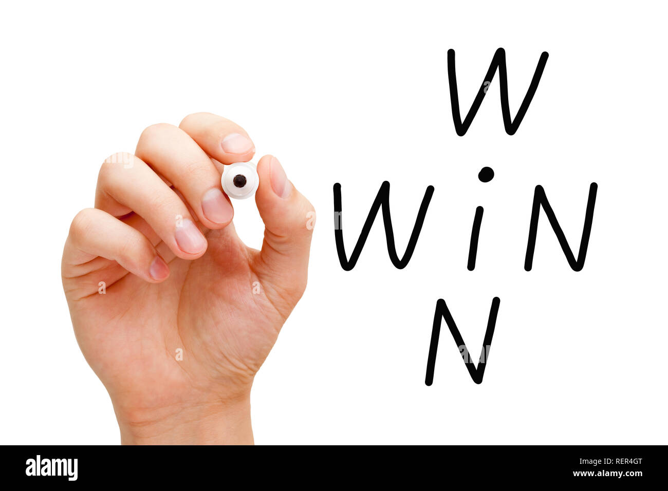 La main win win situation crossword concept avec marqueur noir sur transparent conseil essuyer isolé sur blanc. Banque D'Images