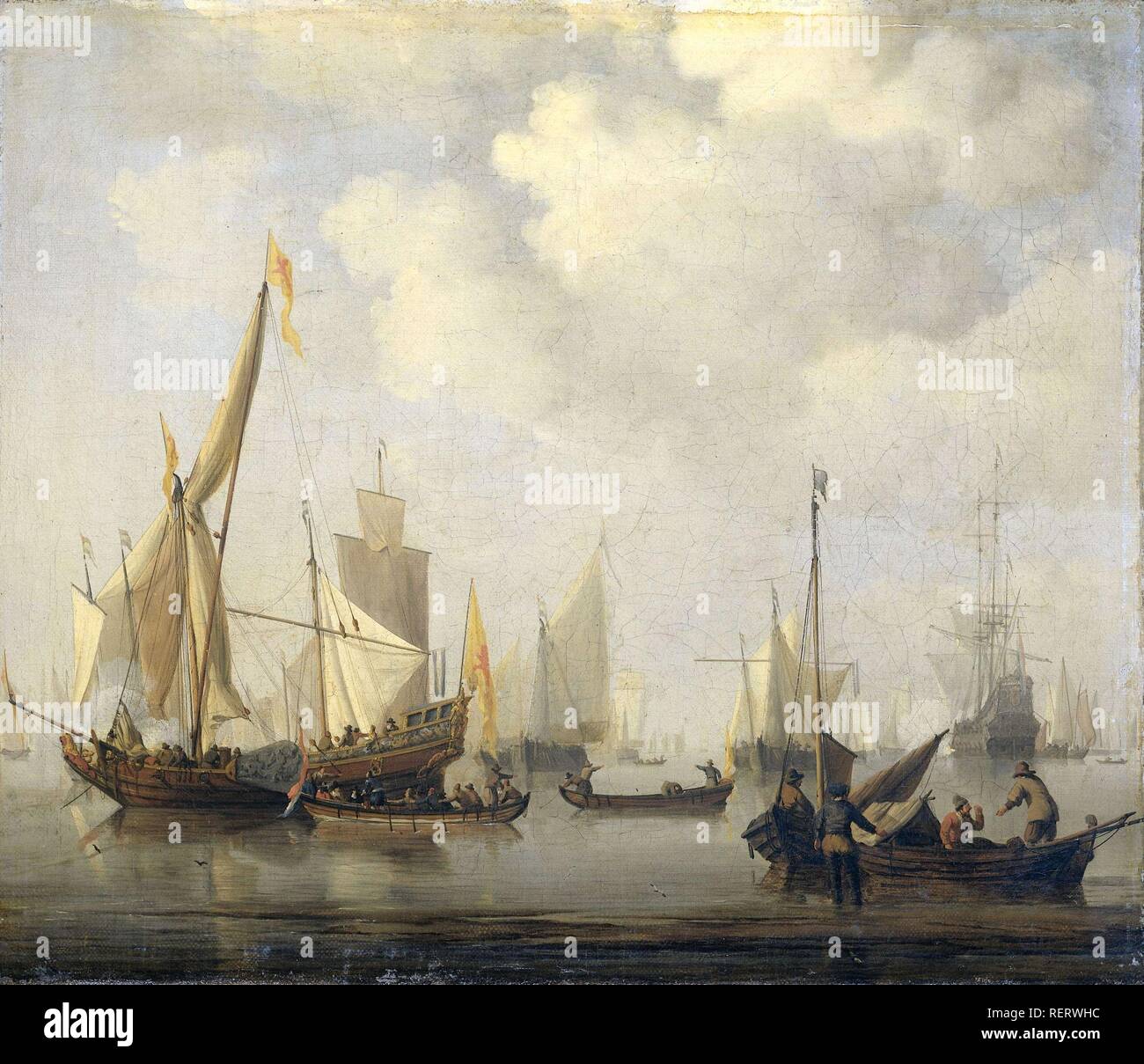 Un calme en mer. Dating : 1650 - 1707. Dimensions : H 36 cm × w 43,5 cm ; d 7 cm. Musée : Rijksmuseum, Amsterdam. Auteur : Willem van de Velde (II). Banque D'Images