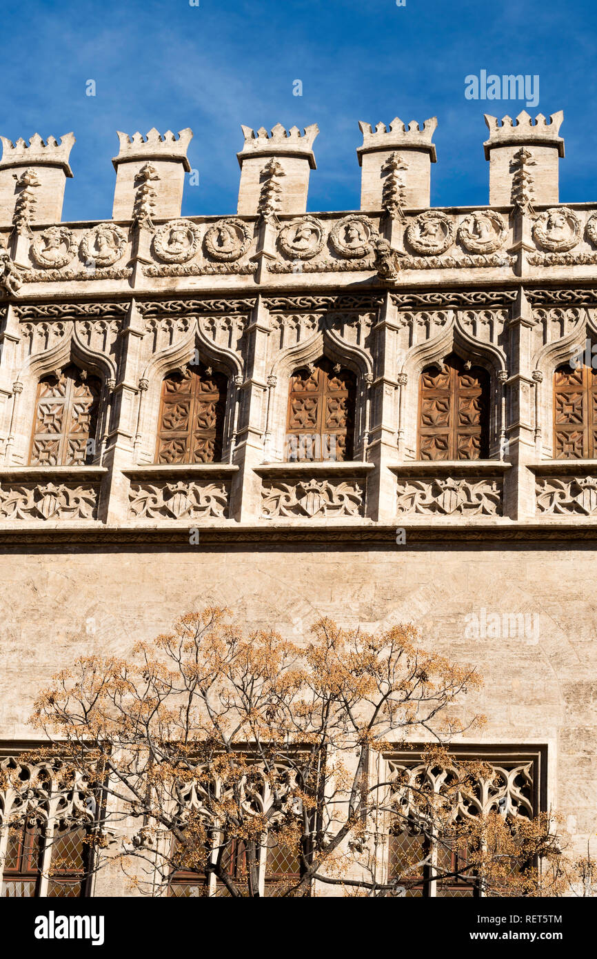 Détail architectural, le bâtiment de la soie ou de la Lonja de la Seda de Valence, Espagne, Europe Banque D'Images
