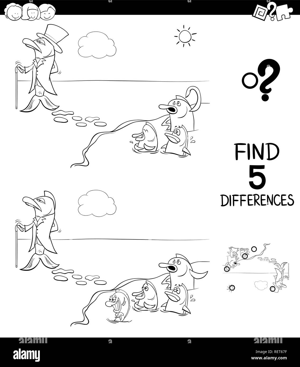 Illustration Cartoon noir et blanc de trouver cinq différences entre les photos, jeu éducatif pour enfants avec poisson hors de l'eau dit Coloring Illustration de Vecteur