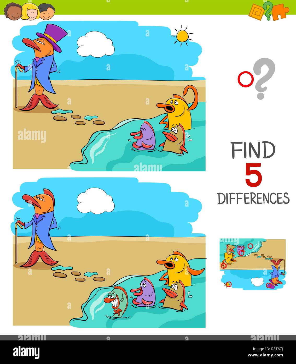 Cartoon Illustration de trouver cinq différences entre les photos, jeu éducatif pour enfants avec poisson hors de l'eau dit Illustration de Vecteur