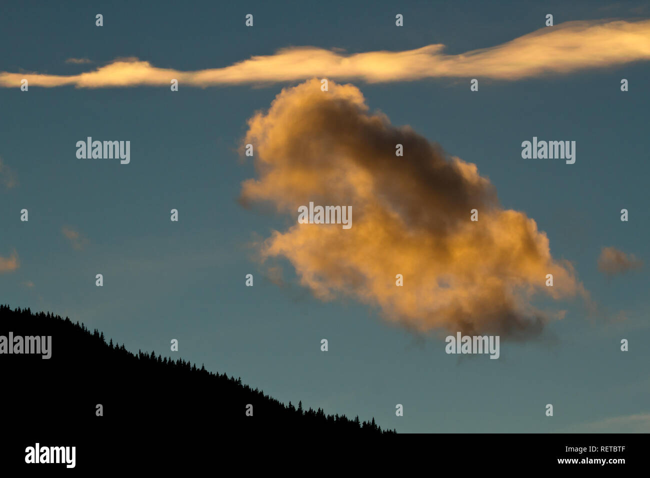 Nuages orange affichage magnifique au coucher du soleil, avec des arbres à l'ombre, sur la soirée d'hiver en Alberta, Canada. Banque D'Images